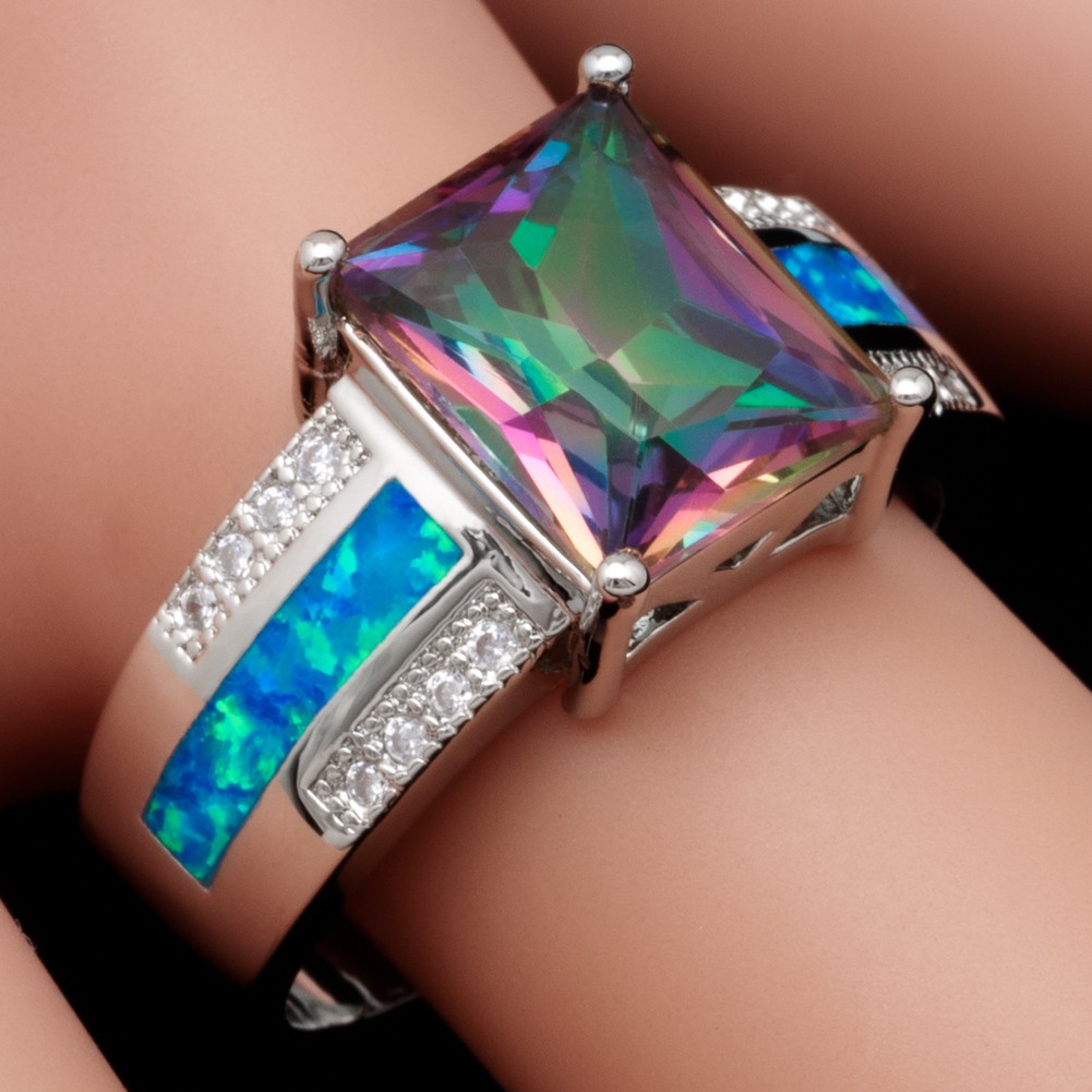 8×10 Rectangle Mystic Topaz Blue Fire Opal Silver Jewelry Women Ring SZ 7 8 9