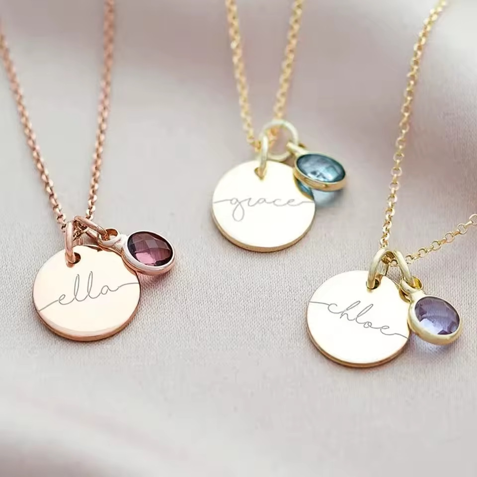 Custom Name Engraved Necklace Birthstone Jewelry Cubic Zirconia Stone Chain Gold
