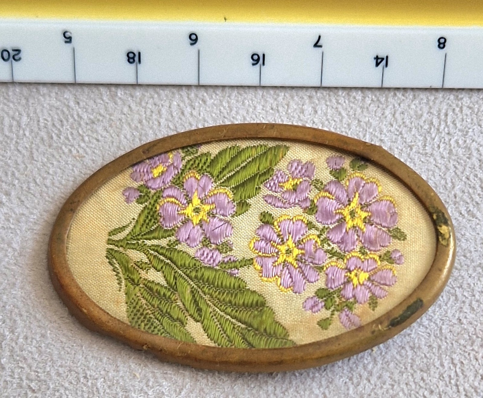 Oval Floral Embroidered Fabric Brooch Pin Gold Tone Purple/Green 7cm