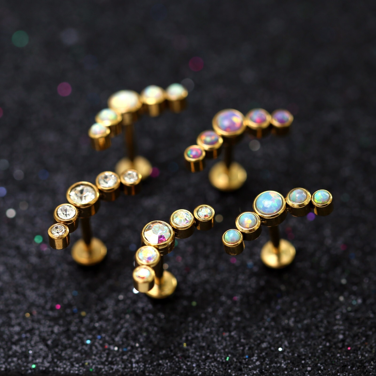 16g Opal Gem Ear Cartilage Lip Ring Bar Stud Flat Back Climber Piercing Earring