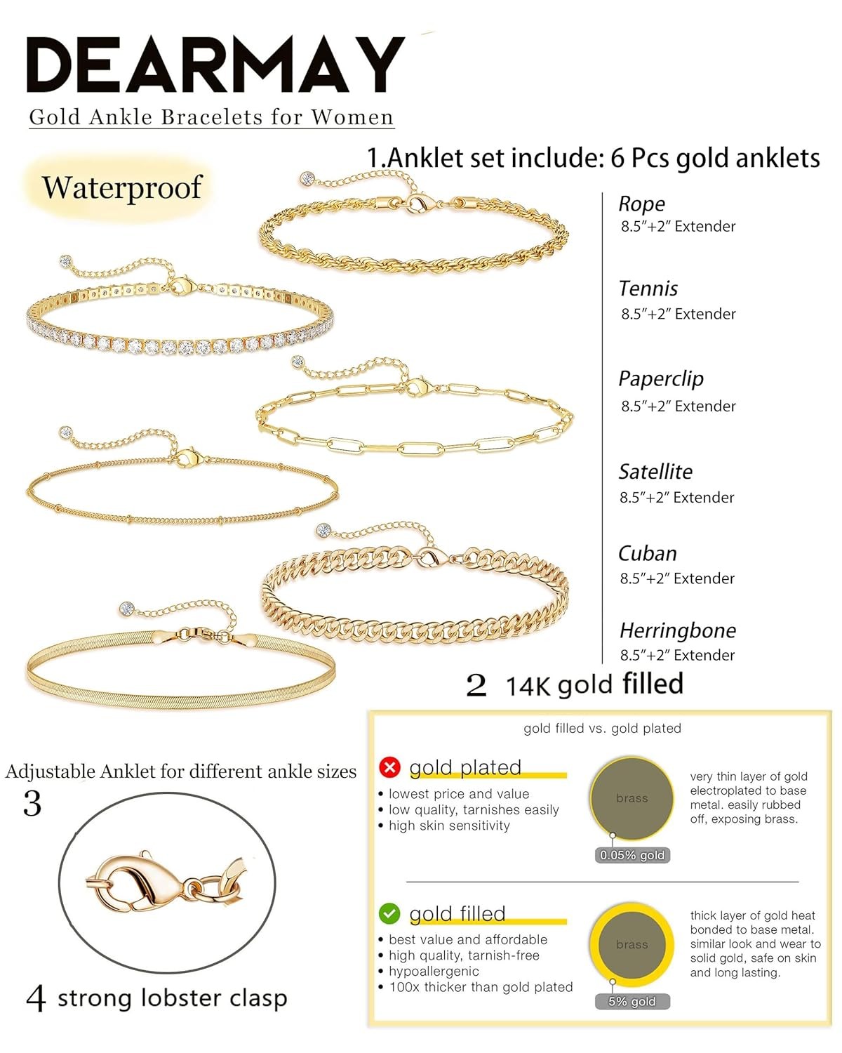 DEARMAY 14K Gold Plated Ankle Bracelets for Women Waterproof – Dainty 6Pcs Ankle