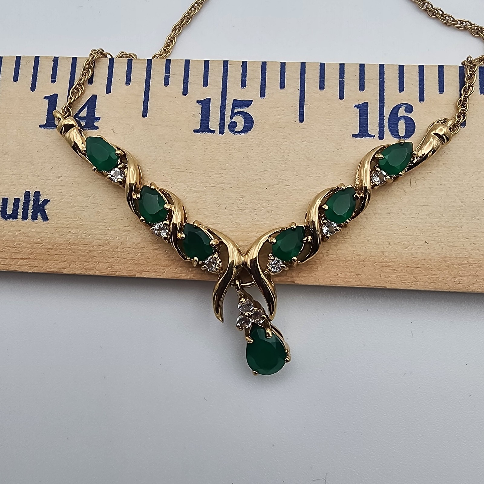 VTG V-Neck Chevron Necklace 19″ Gold Green 18KGP Pear Cut Retro Glam GUC