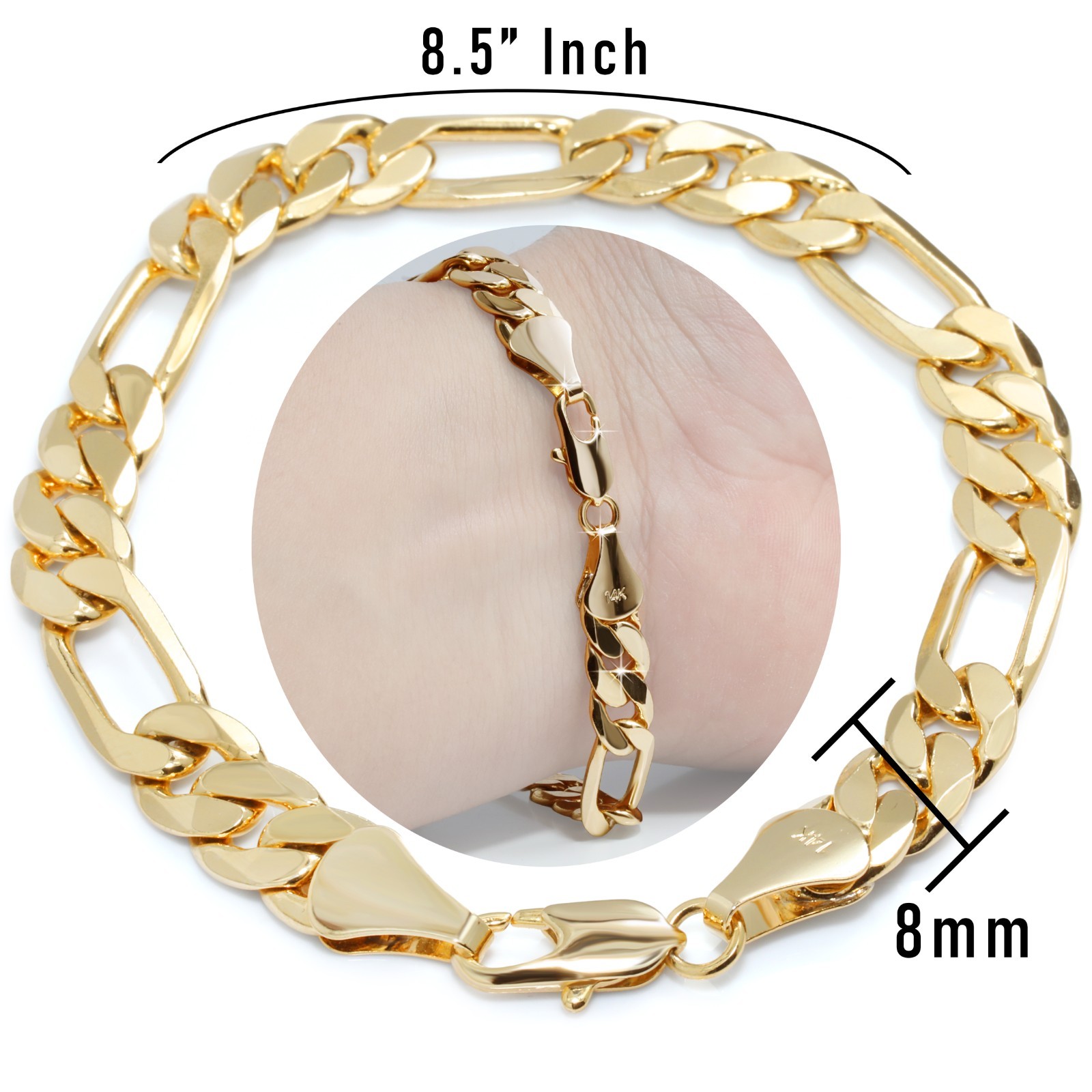 Figaro Link Chain Bracelet 8mm 8.5″ 14K Gold Plated Hip Hop Men’s Solid Fashion