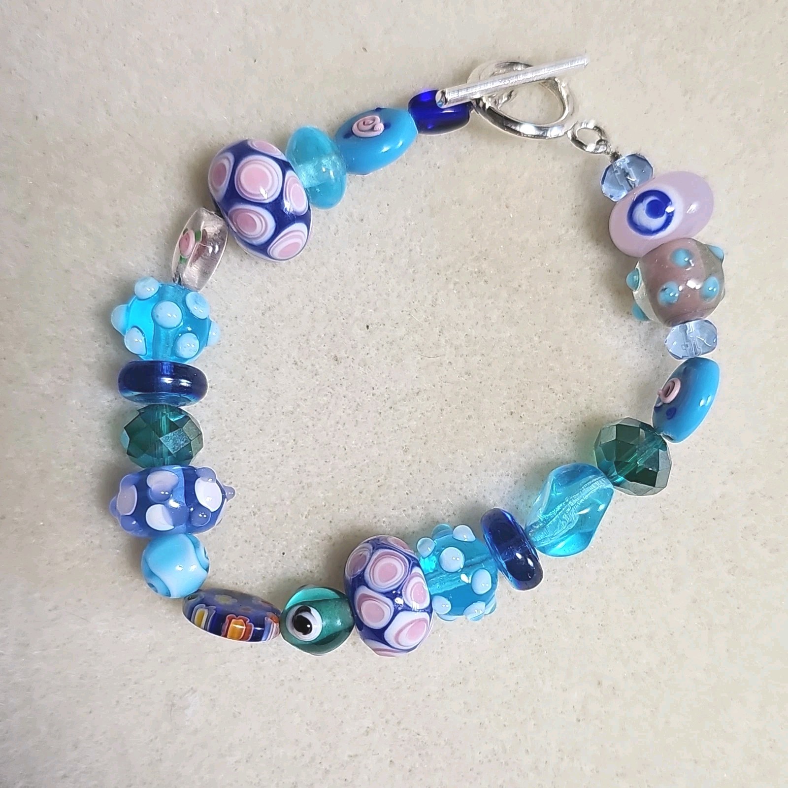 Handmade Blue Lampwork Crystal Millefiore Glass Beaded Bracelet Toggle Clasp