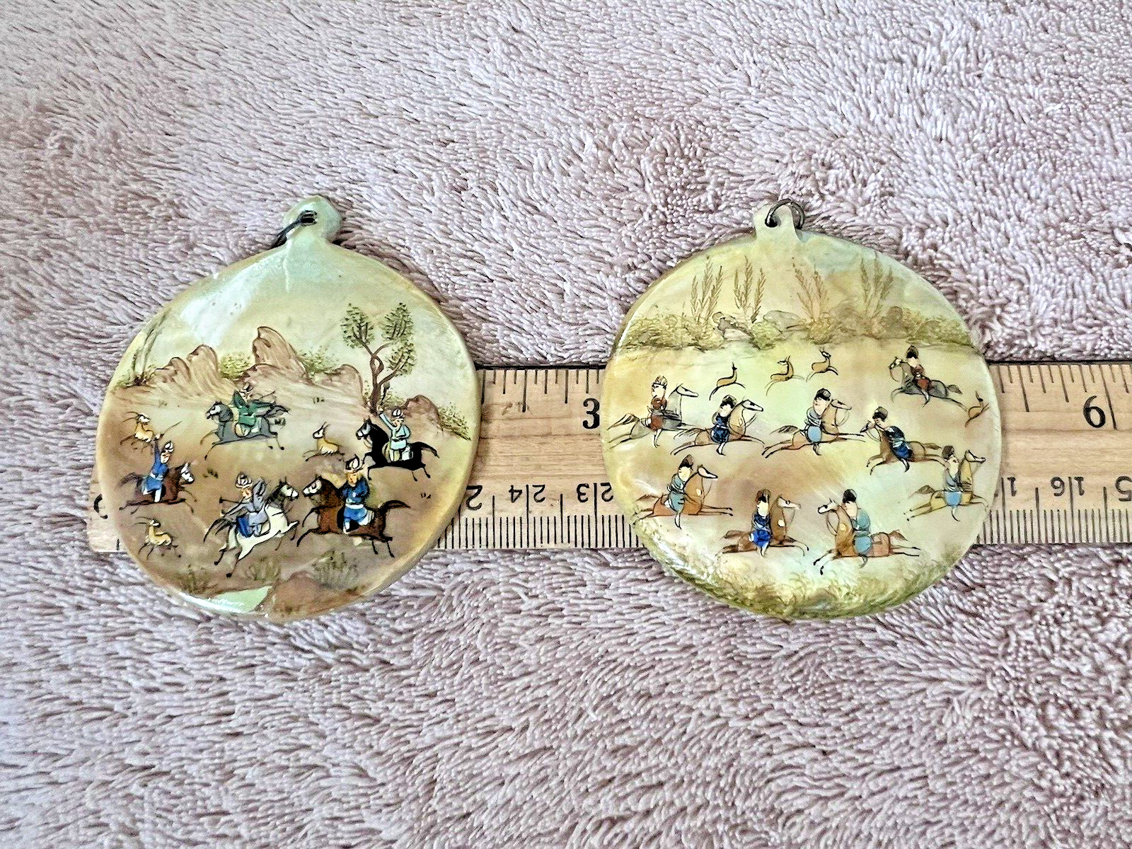 2 Pendant/Earrings Nacre Painted – Asian Centre – 2 3/8in – Fine 19th/Early 20th