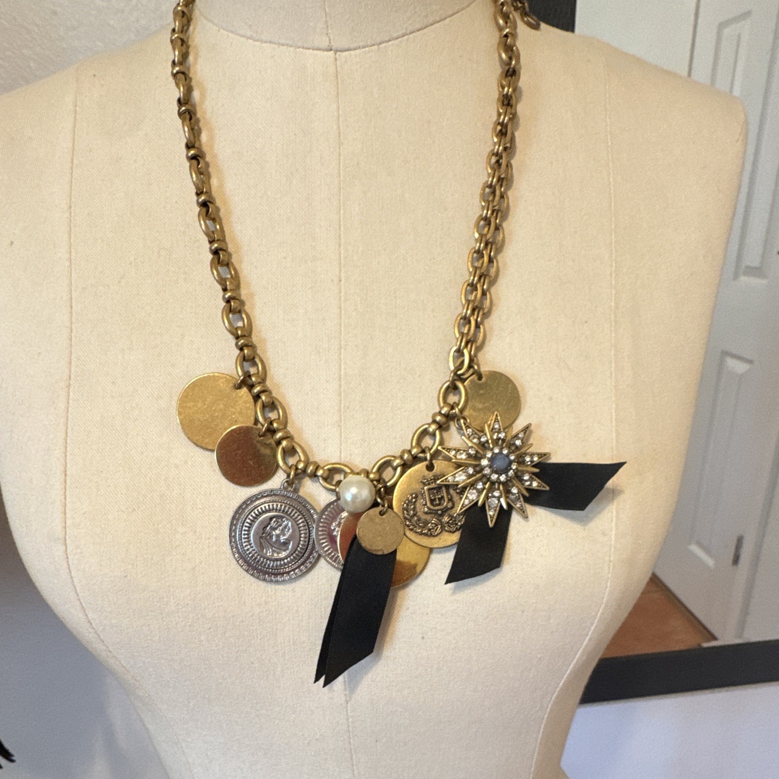 2000’s J.Crew Cable Chain Coin Charm Necklace Crystal Starburst Ribbon