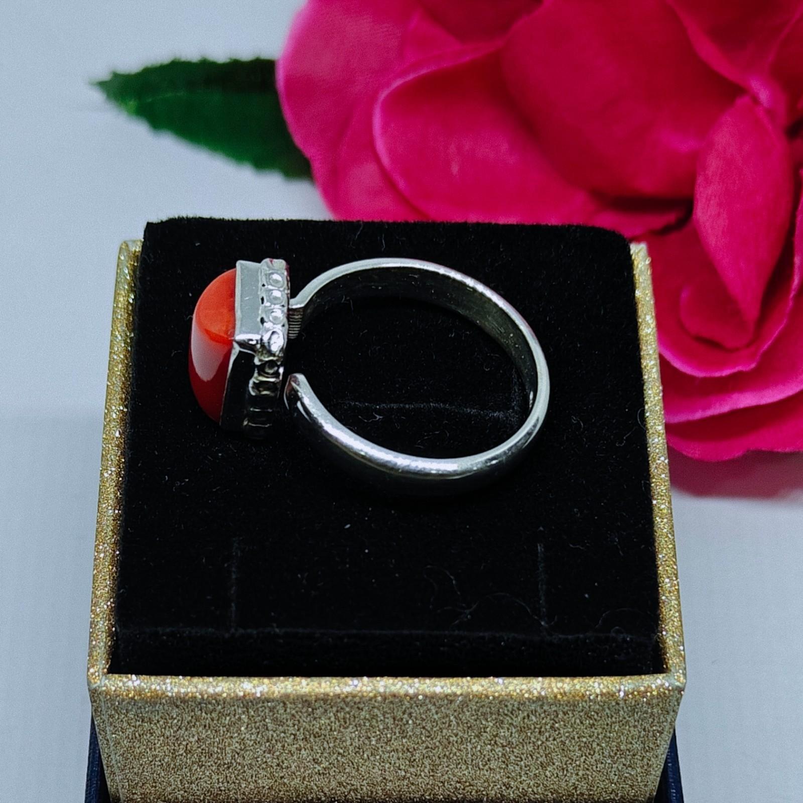92.5 Sterling Silver Ring Red Coral Gemstone Adjustable Wedding Jewelry Gift.
