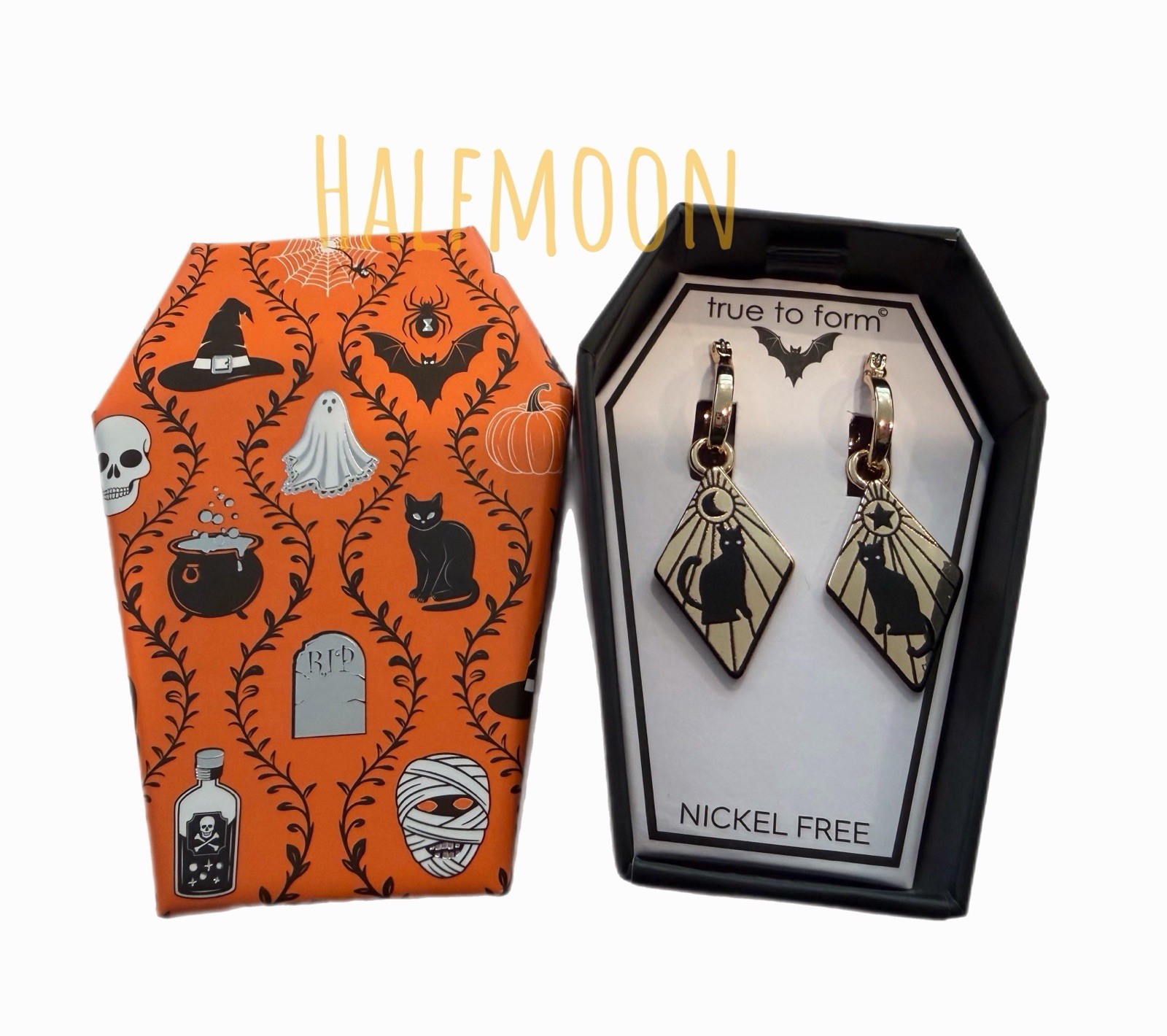 True to Form Black Cat Moon Star Halloween Dangle Hoop Earrings Nickel Free