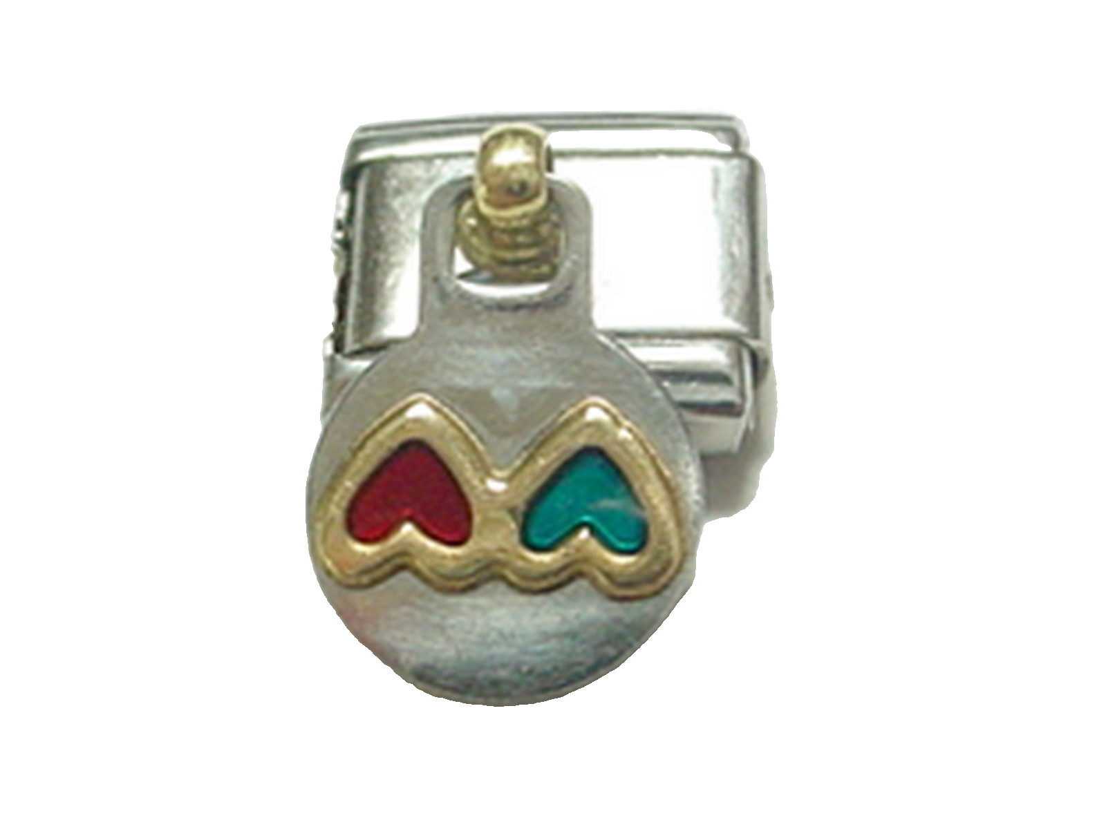 NOMINATION DOUBLE HEART CHARM STAINLESS GOLD ENAMEL RED GREEN COMPOSABLE SLIDER