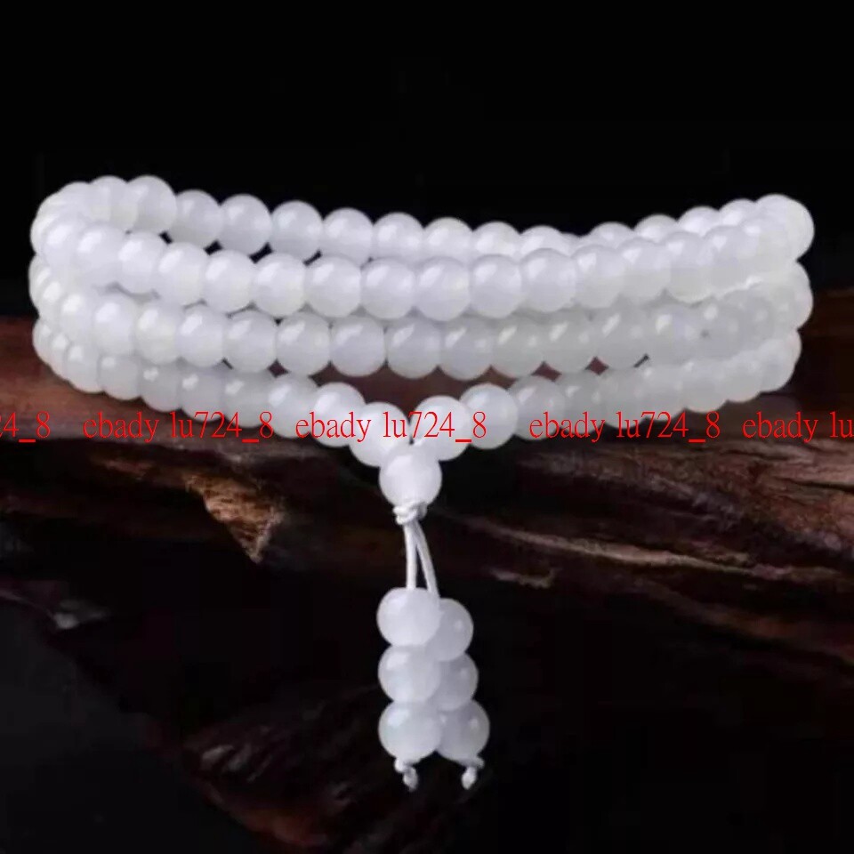 8mm Fashion Natural White Jade Buddha 108 Beads Tassel Mala Necklace Meditation