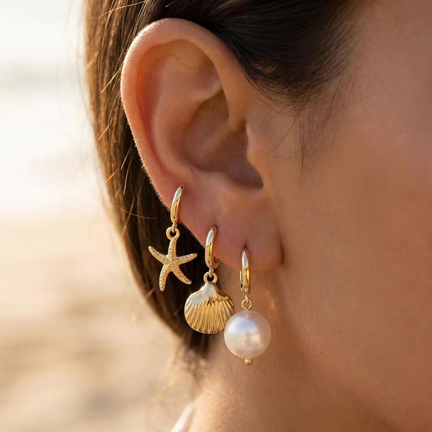4 Pairs Huggie Hoop Beachy Earrings Set for Women, 14K Gold Plated Ocean Element