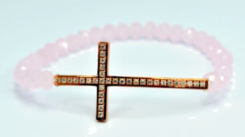 NOS Steel by Design “Horizontal Cross” Pink Bead Stretch Bracelet – Crystals
