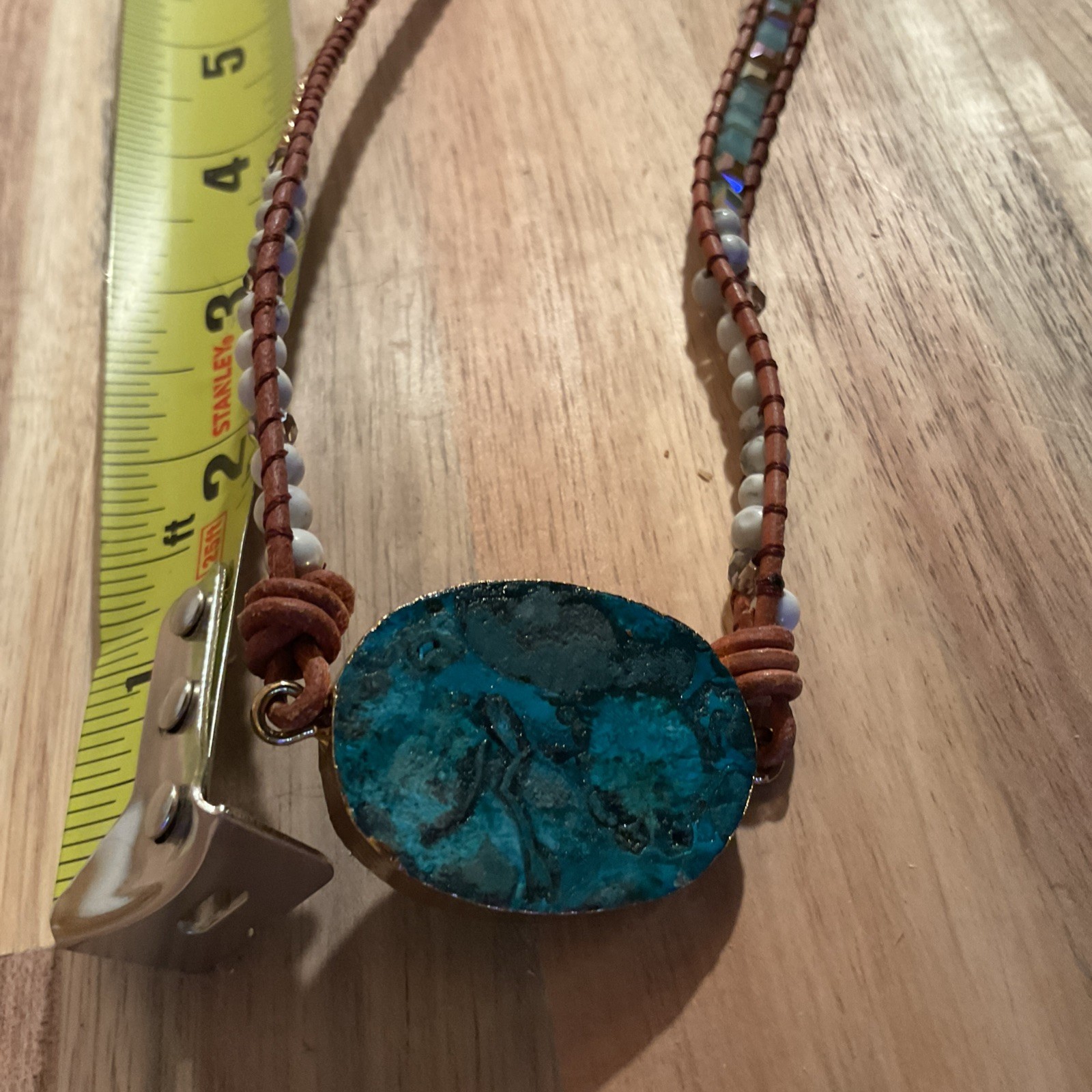 Blue Turquoise Color Stone Gold Edges Leather Beaded Necklace 17 Inches Long