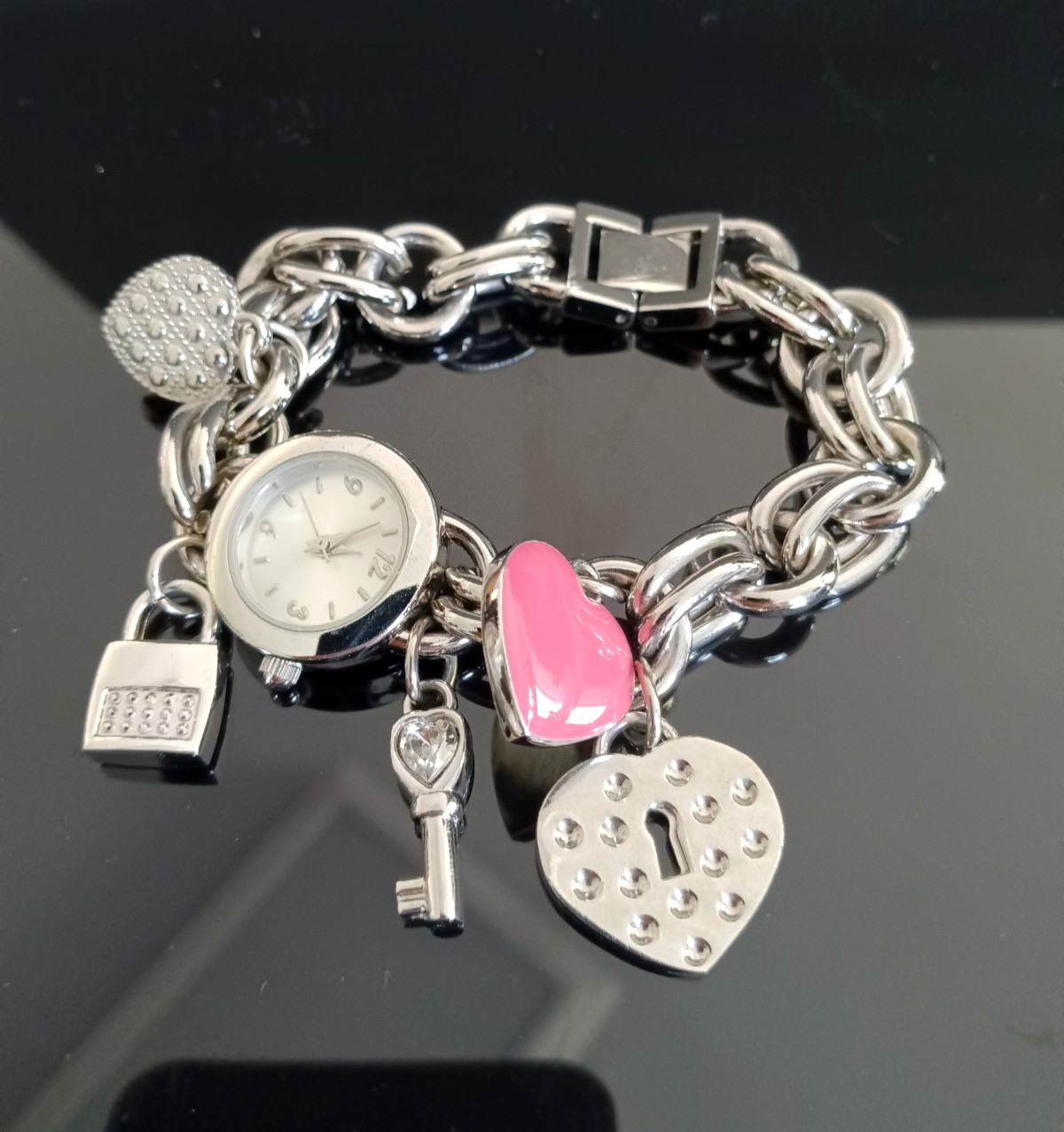 Silver Tone Charm Bracelet Watch Heart Lock Key Charm Wristwatch (Needs Battery)