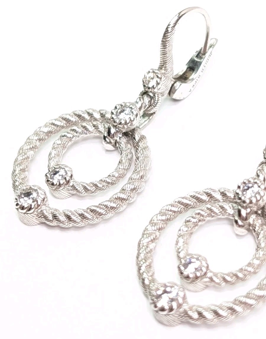 Judith Ripka Dangle Earrings Double Circle Drop CZ Sterling Silver Lever Back