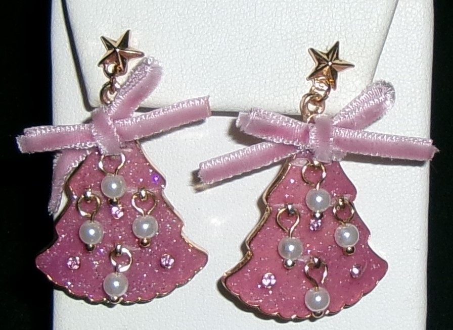 Pink Christmas Tree Earrings Pink Glittery Enamel Faux Pearls Stones NEW