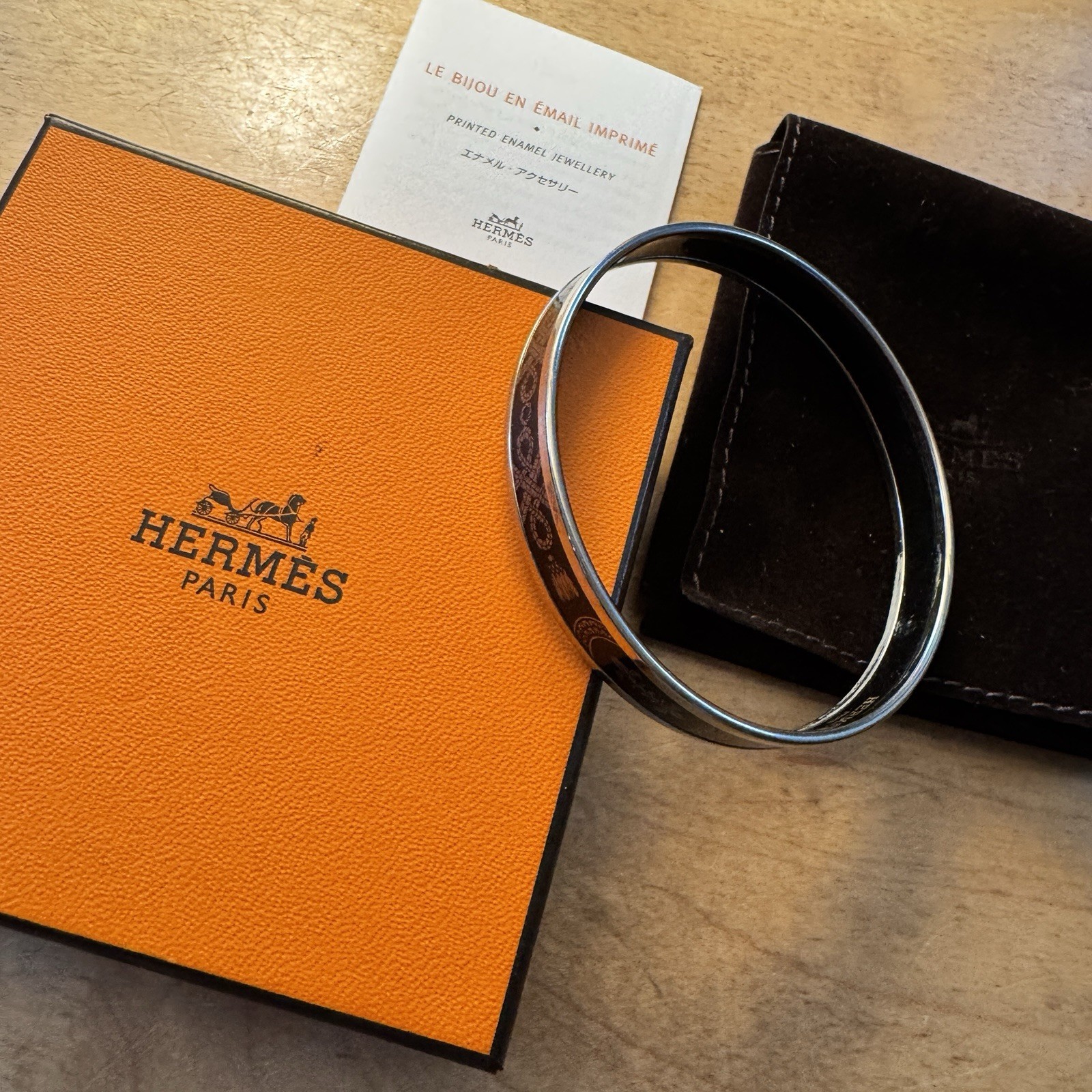 Hermes Printed Enamel Bangle 70 Silver Finish – Black & Silver