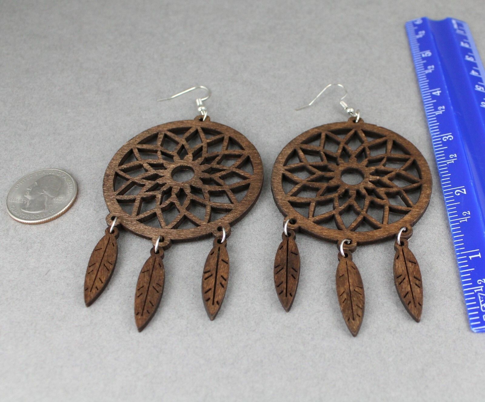 Dark Brown wood dream catcher feather earrings big lightweight leaf 4.25″ long
