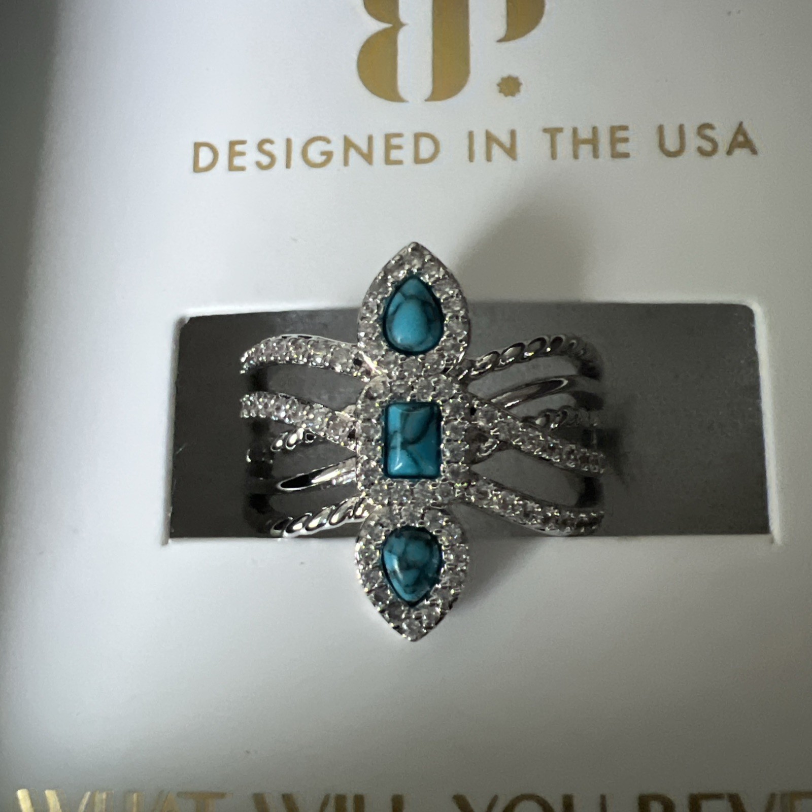 Bomb Party Outlaw Ring size 7 “Iron Lasso” Turquoise Magnesite Rhodium plating