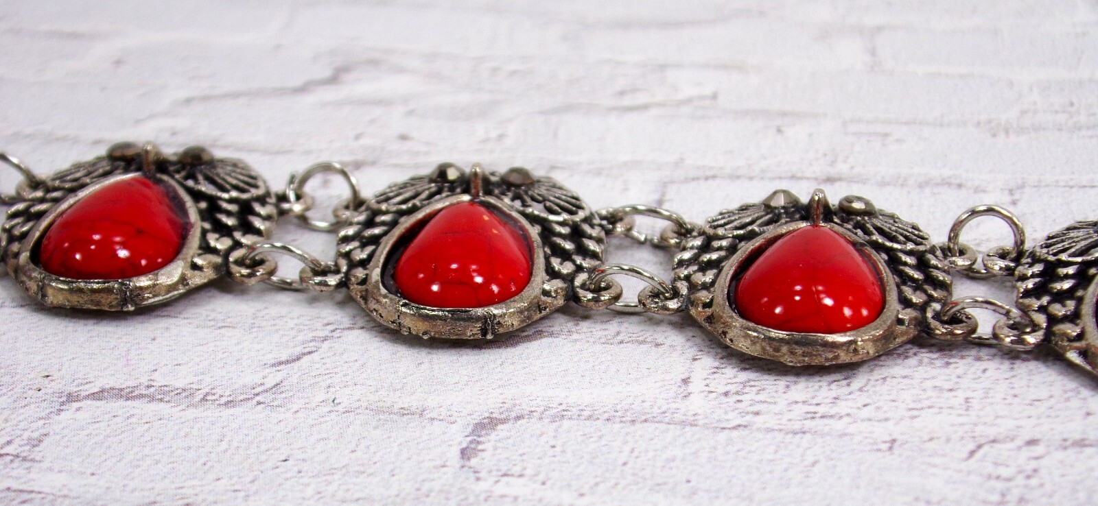 Owl bracelet made with red beads, gray crystal eyes in silver antique finish New
