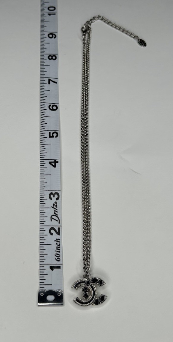 Auth Chanel 2013 Fall 13A Silver Tone CC Pendant Necklace Black Strass France
