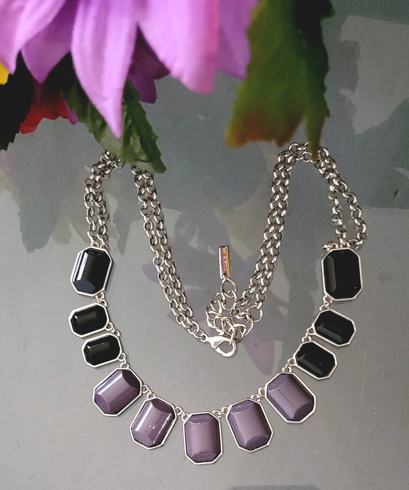 Gradient Black Purple Bezel Style Stones Dual Strand Necklace by Cookie Lee