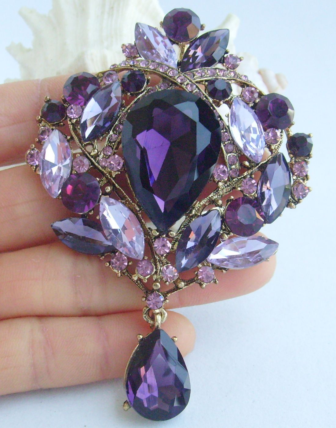 Luxury 3.54″ Purple Rhinestone Crystal Teardrop Brooch Pin Pendant 04082C7