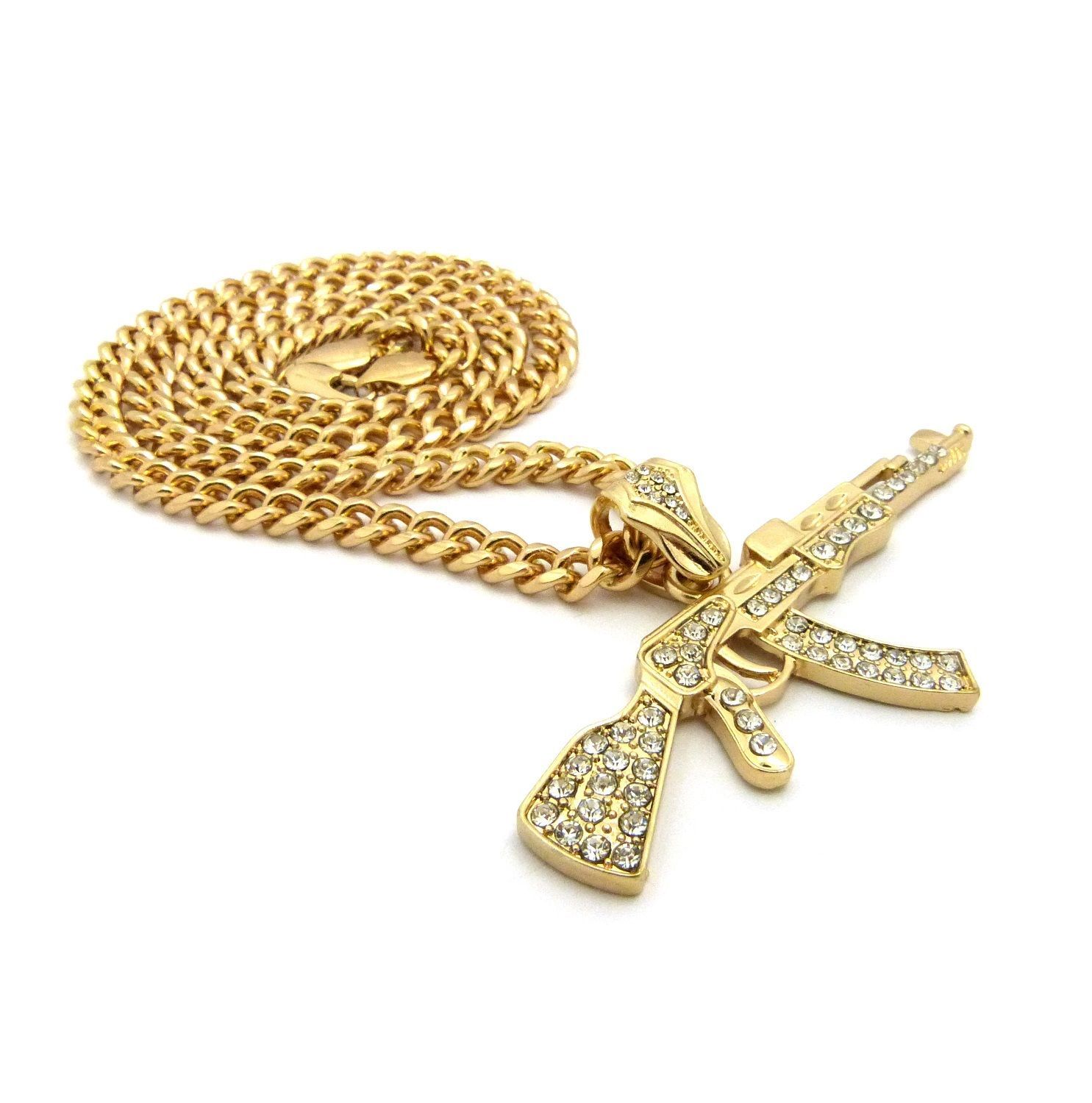 Gold Plated Alloy Cubic Zirconia AK47 Machine Gun Charm 24″ Cuban Chain Necklace