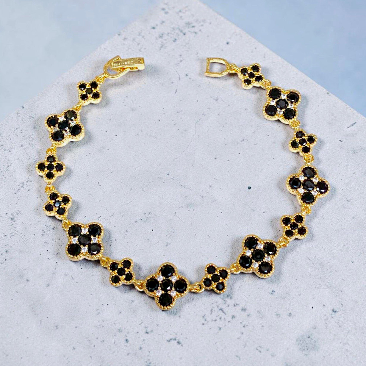 Women’s Gold Filled Black CZ Clover Bracelet Gold Tone 7.5”