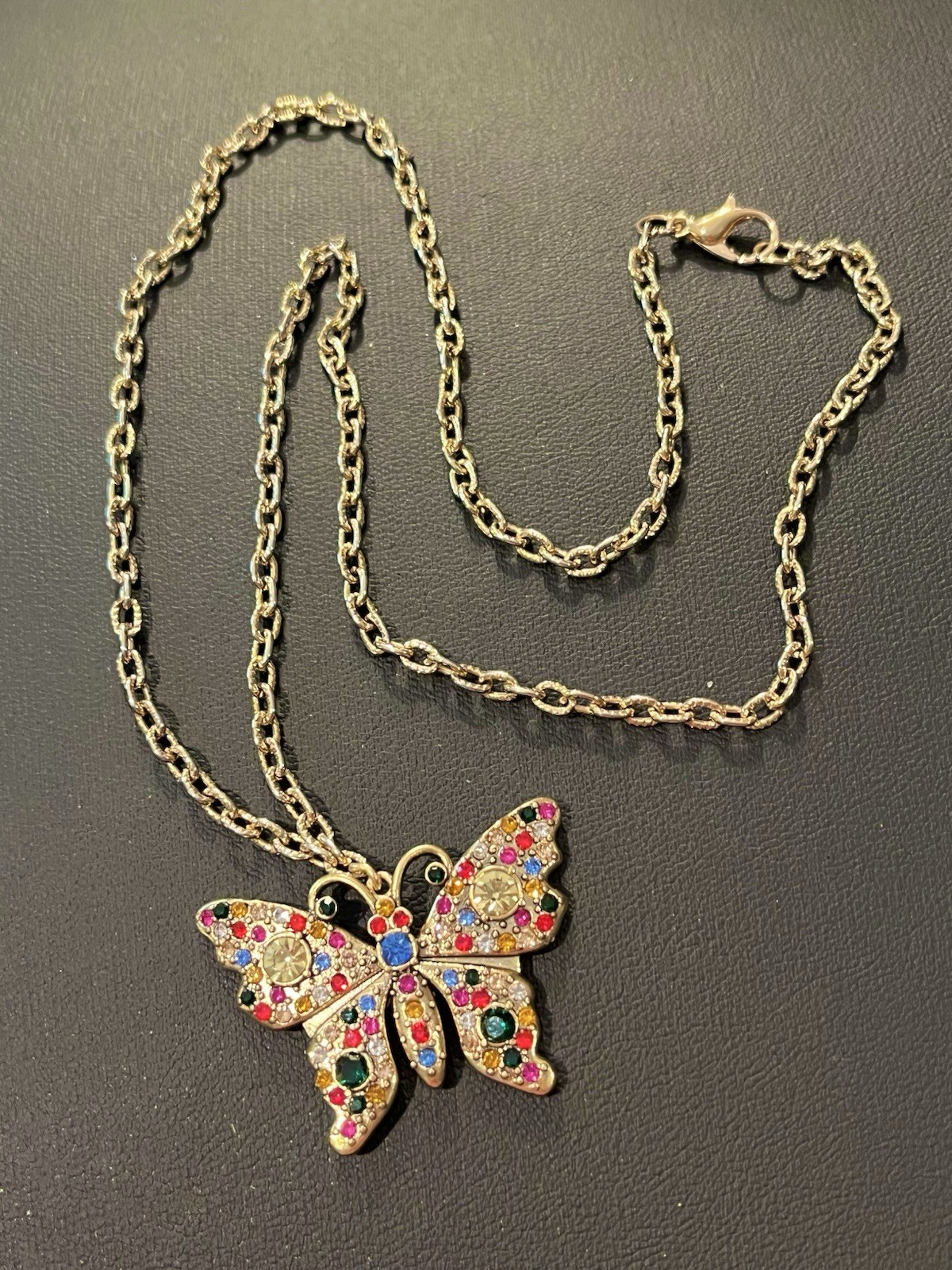 Butterfly Multi Color Zipper Pull Charm On Gold Tone Necklace