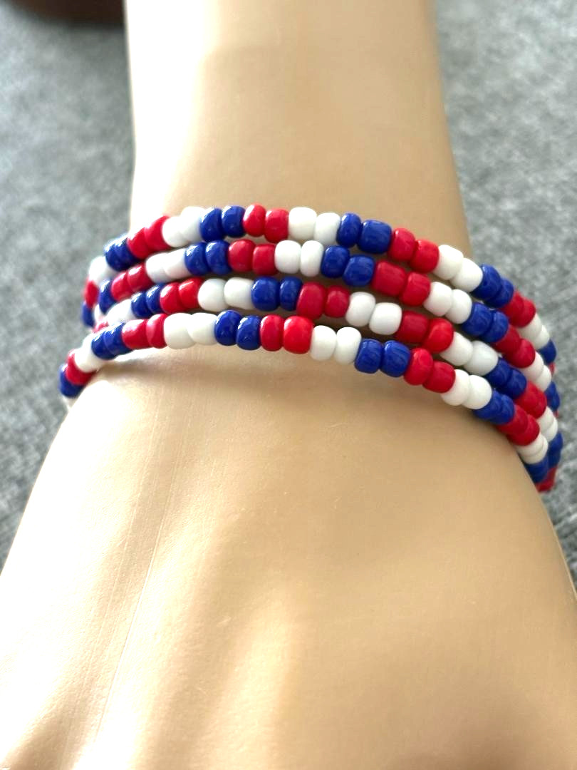 Patriotic Handcrafted Glass Beaded Wrap Bracelet – Red White & Blue