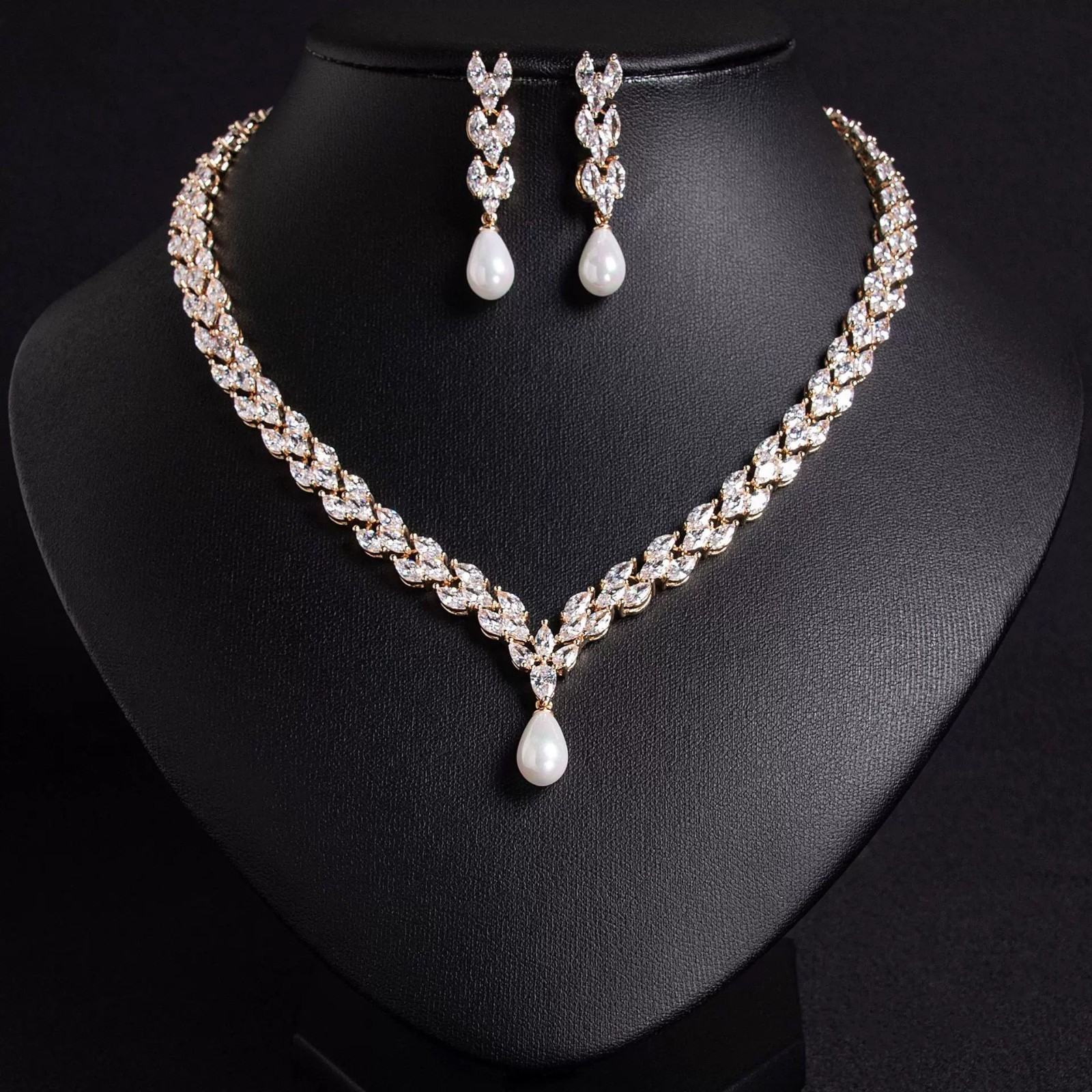 Pearl Bridal Necklace Earrings Set Crystal Wedding Jewelry Silver Elegant