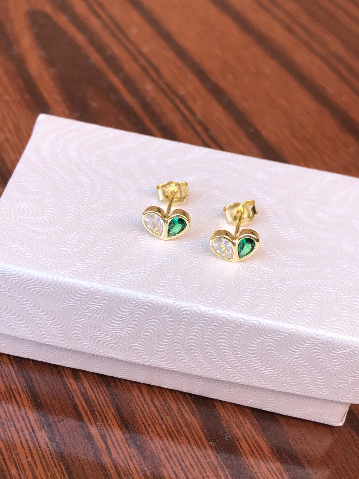 925 Sterling Silver Green White CZ Heart Stud Earrings Women Girls 7.8mm Tiny