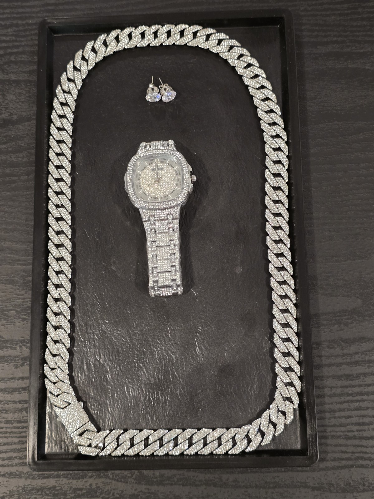 Father’s Day Drip Tray: 15mm Iced Out Cuban 30″ Chain/10mm Stud/42mm Watch SET
