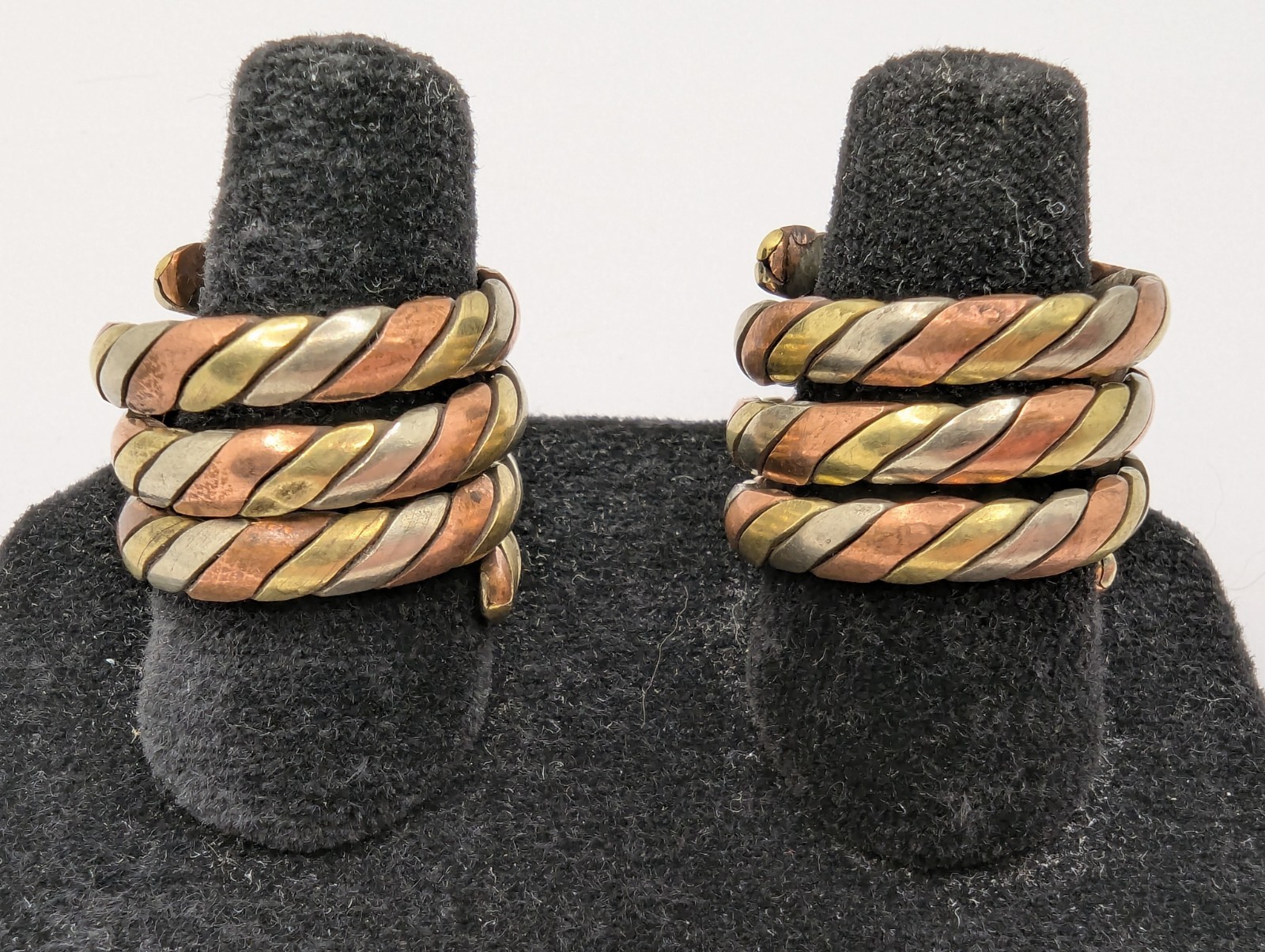 Tibetan Three Metal Coil Rings. Brass, Copper & Silver Tone Metals. Pair Of 2