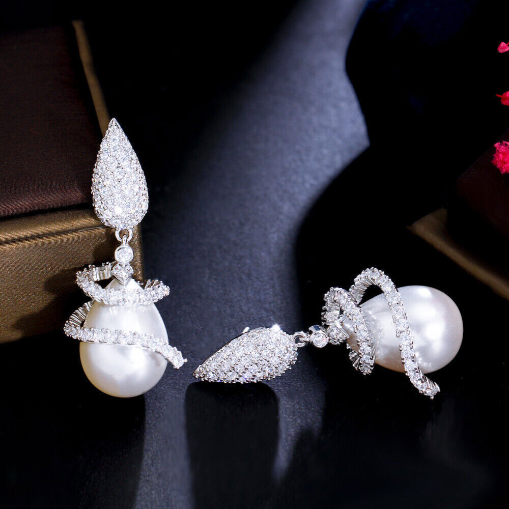 Silver Plated White Symmetrical Rotating CZ Drop Dangle Pearl Earrings for Women