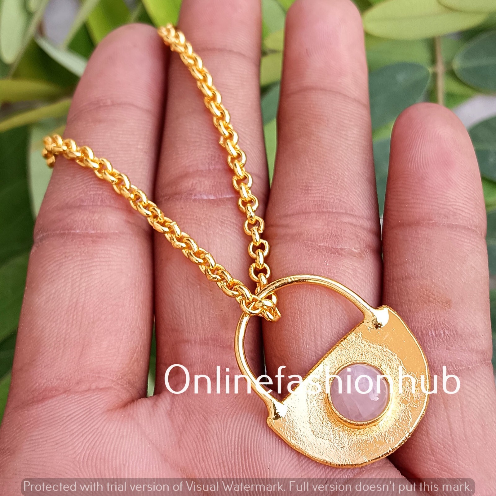 Rose Quartz Gemstone Yellow Gold Plated Handmade Lock 1 PC Pendant With Chain