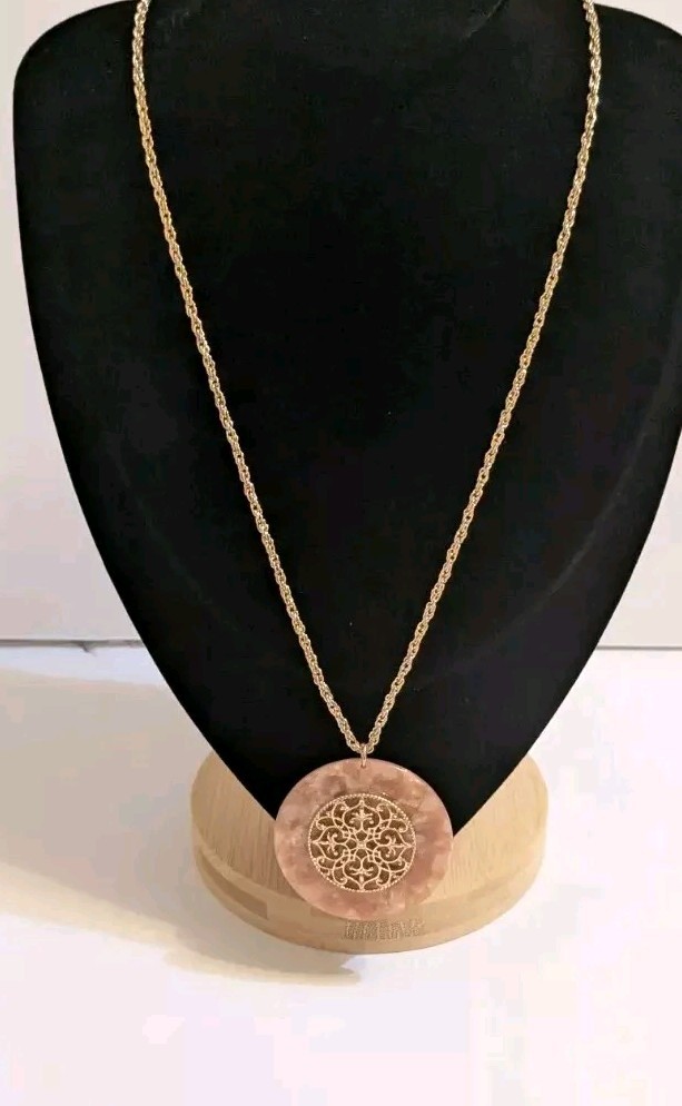 Peach Faux Shell Medallion Pendant Gold Tone Necklace. Metal Scroll Work. 30″.