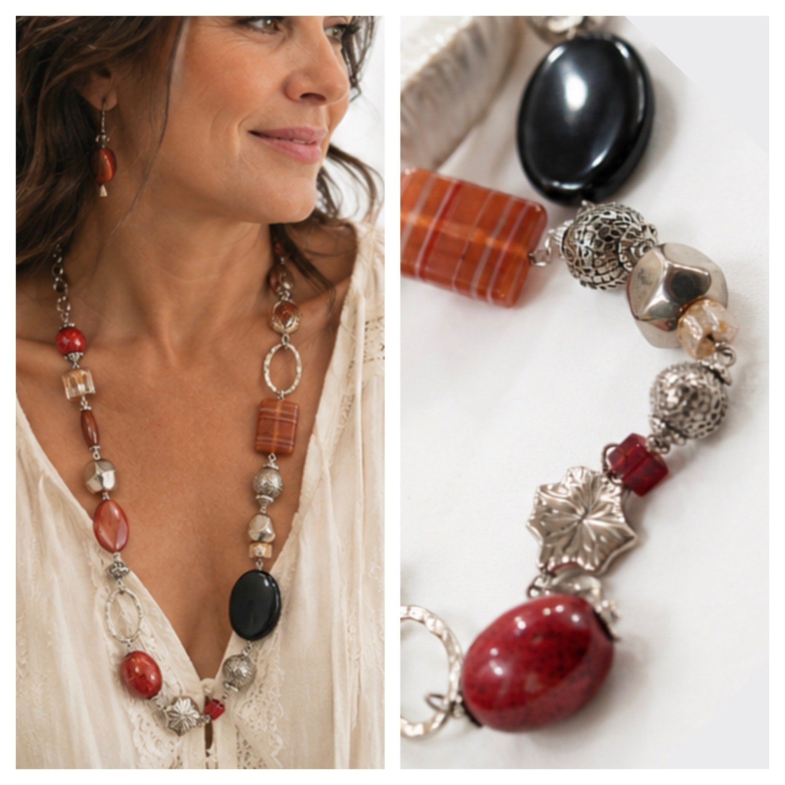Boho Mixed Media Statement Necklace Orange Black Silver Beaded Chunky Long Line