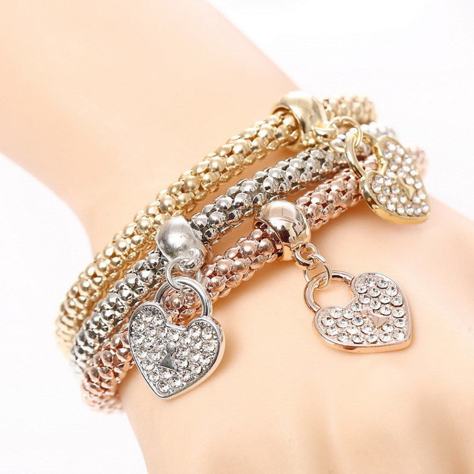 Women’s Fashion Jewelry 3 Piece Silver Rose Gold Heart Bangle Bracelet 53-2