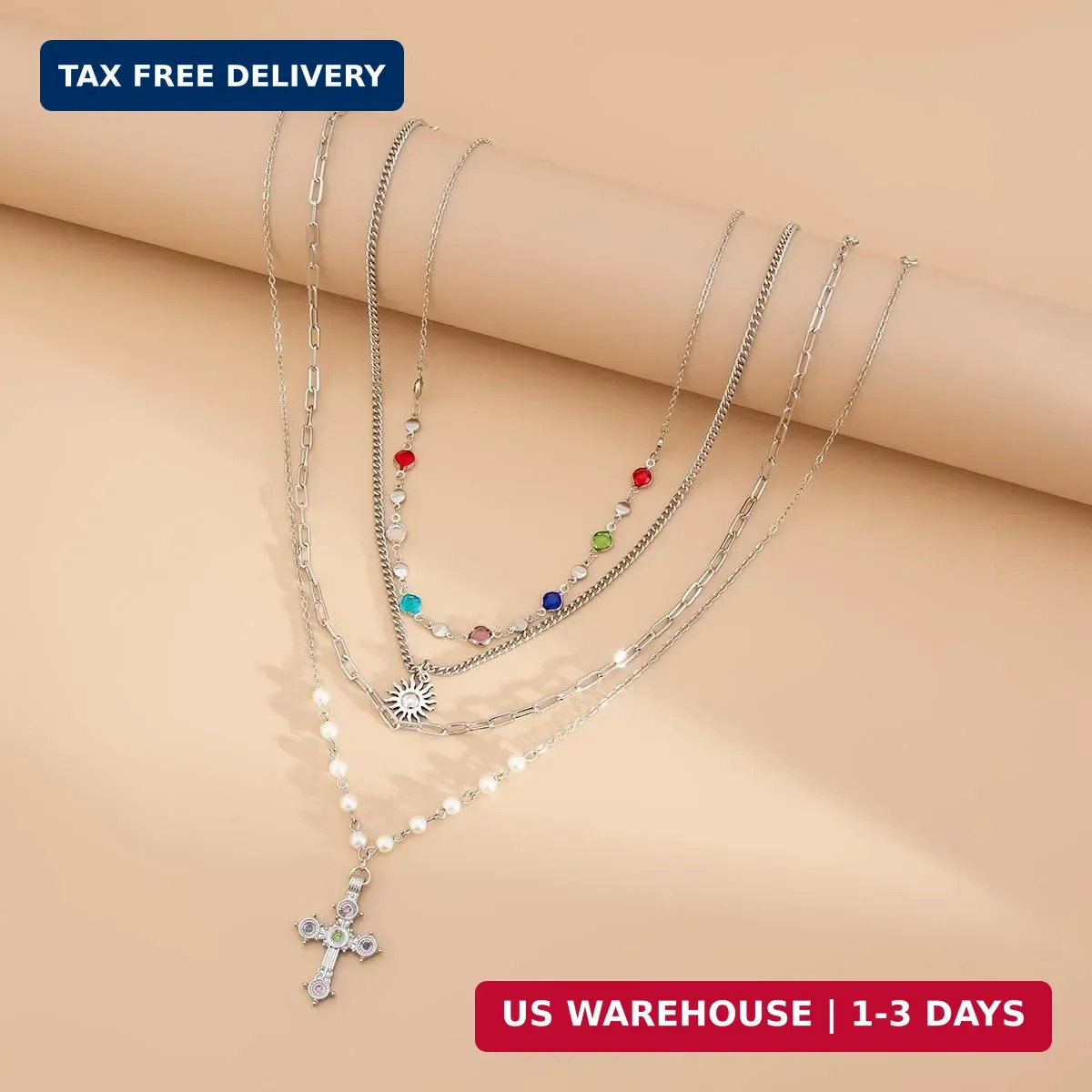 MODRSA Gold Stacked Layered Necklaces for Women Pearl Pendant Charm Cross Lariat