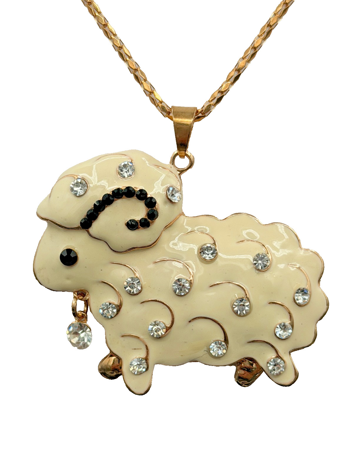 BETSEY JOHNSON BEAUTIFUL WHITE CRYSTAL & ENAMEL SHEEP PENDANT CHAIN NECKLACE