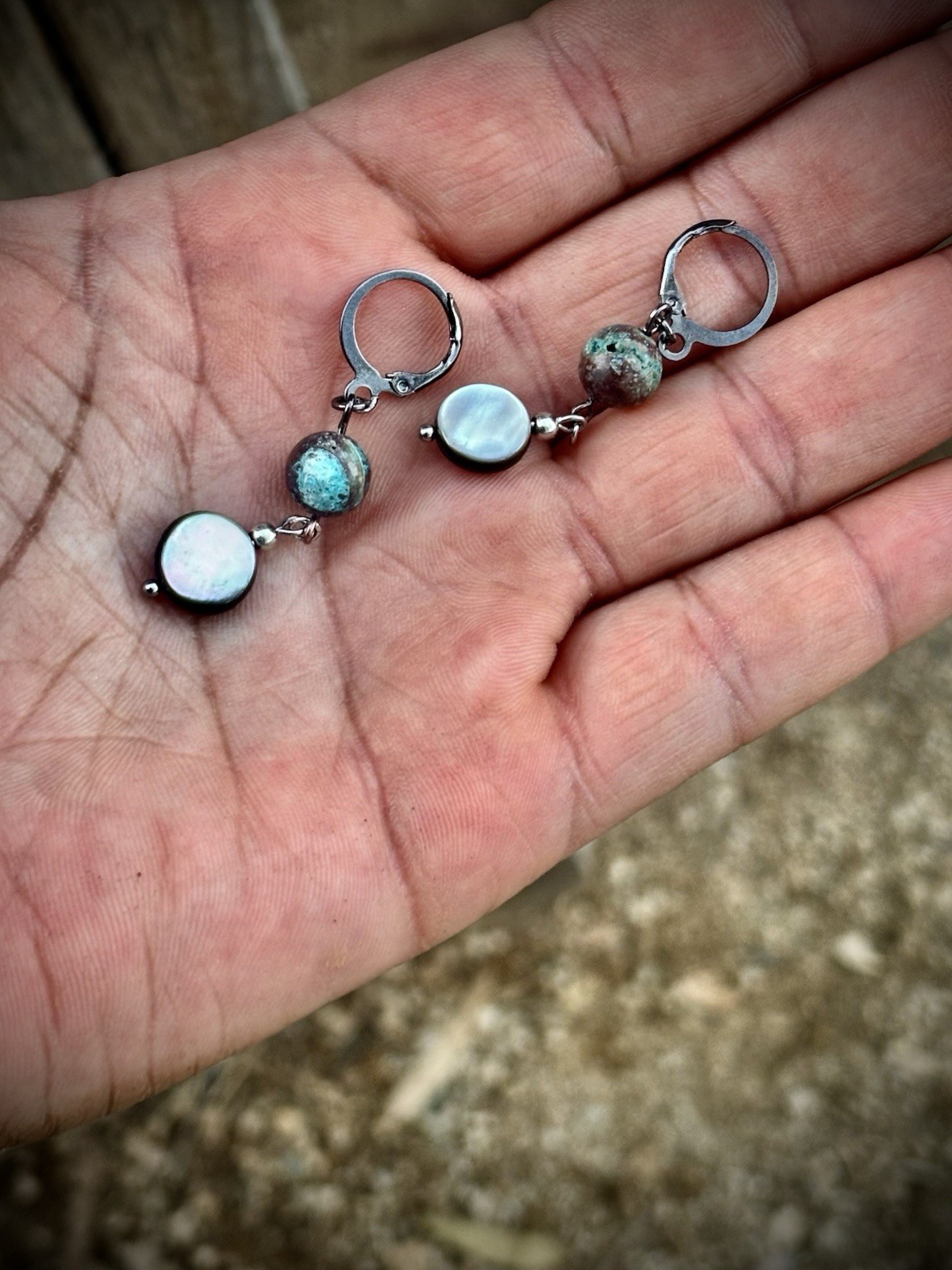 Silver Tone Opal Dangle Drop Earrings Hook Closure Round Black Blue White