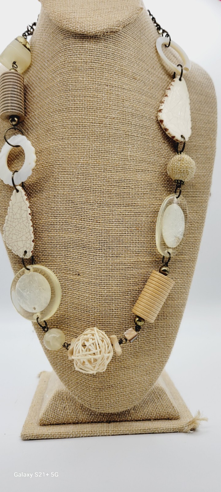 Chunky Necklace Wood Acrylic Metal Marbled Ivory Colors Asymmetrical 32 in