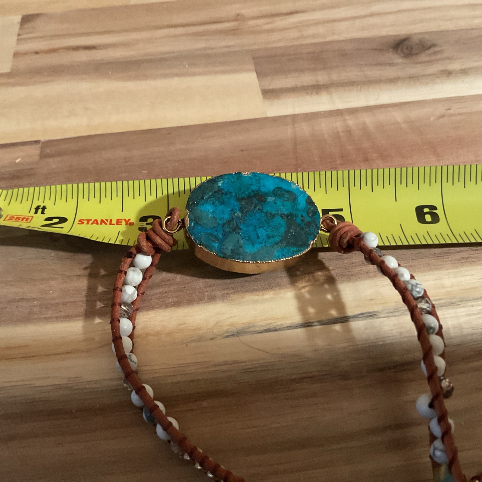 Blue Turquoise Color Stone Gold Edges Leather Beaded Necklace 17 Inches Long