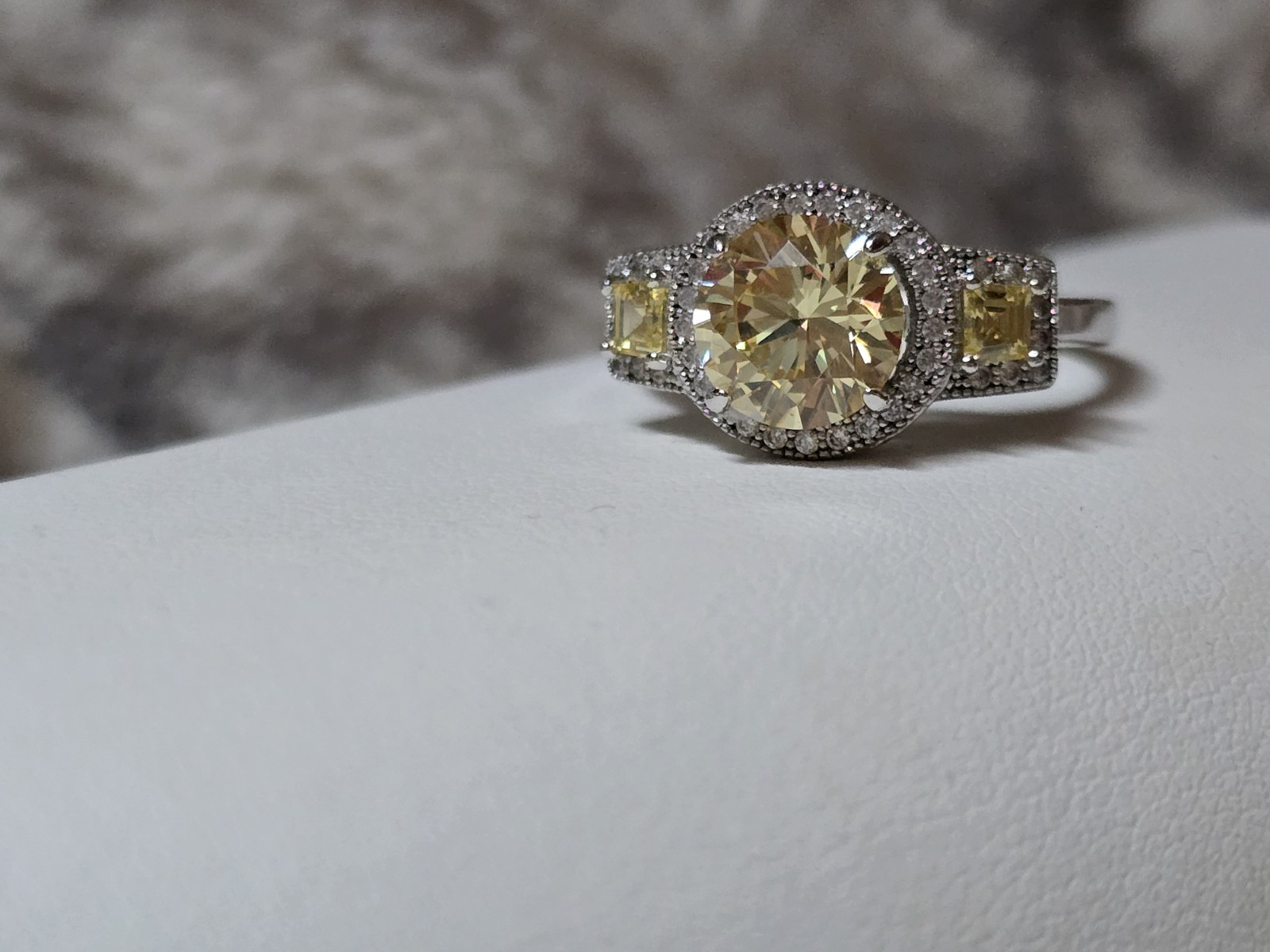 JTV sterling silver Canary Yellow 3 Three stone cz halo Ring