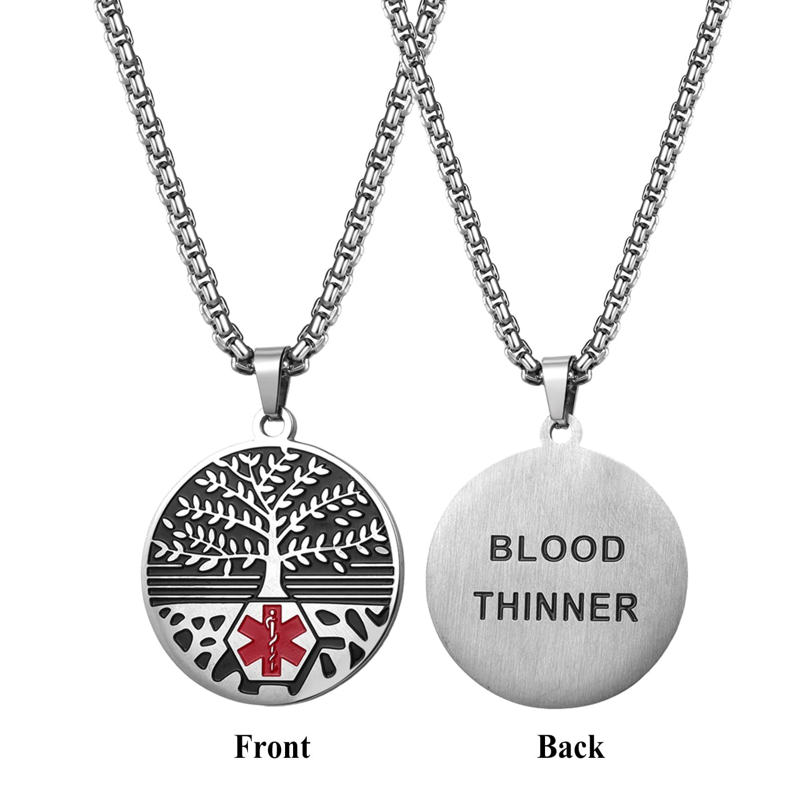 Unisex Emergency Medical Alert Tree of Life Pendant Stainless Steel Necklace