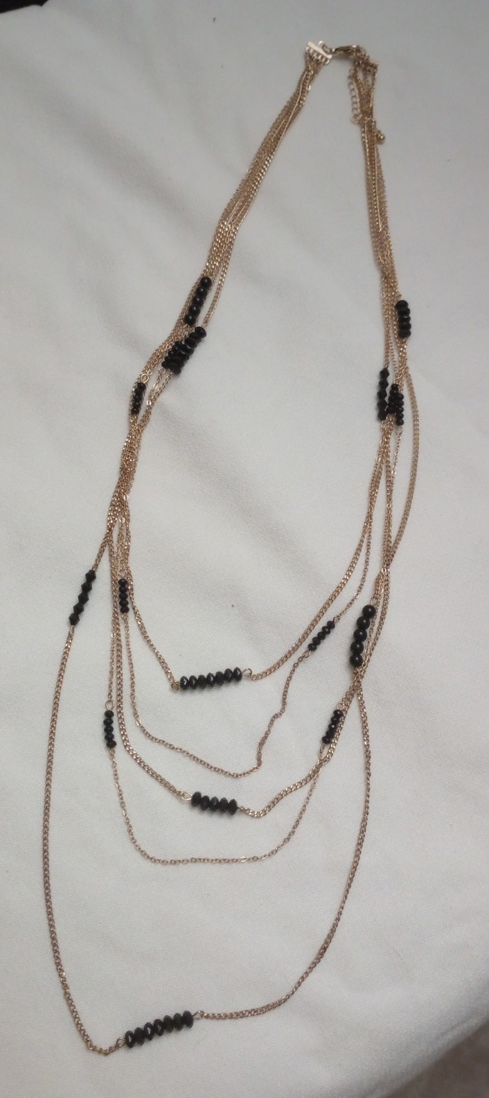 Gold Tone Layered Chain Necklace, Black Round Glass Beads, Multi-Strand