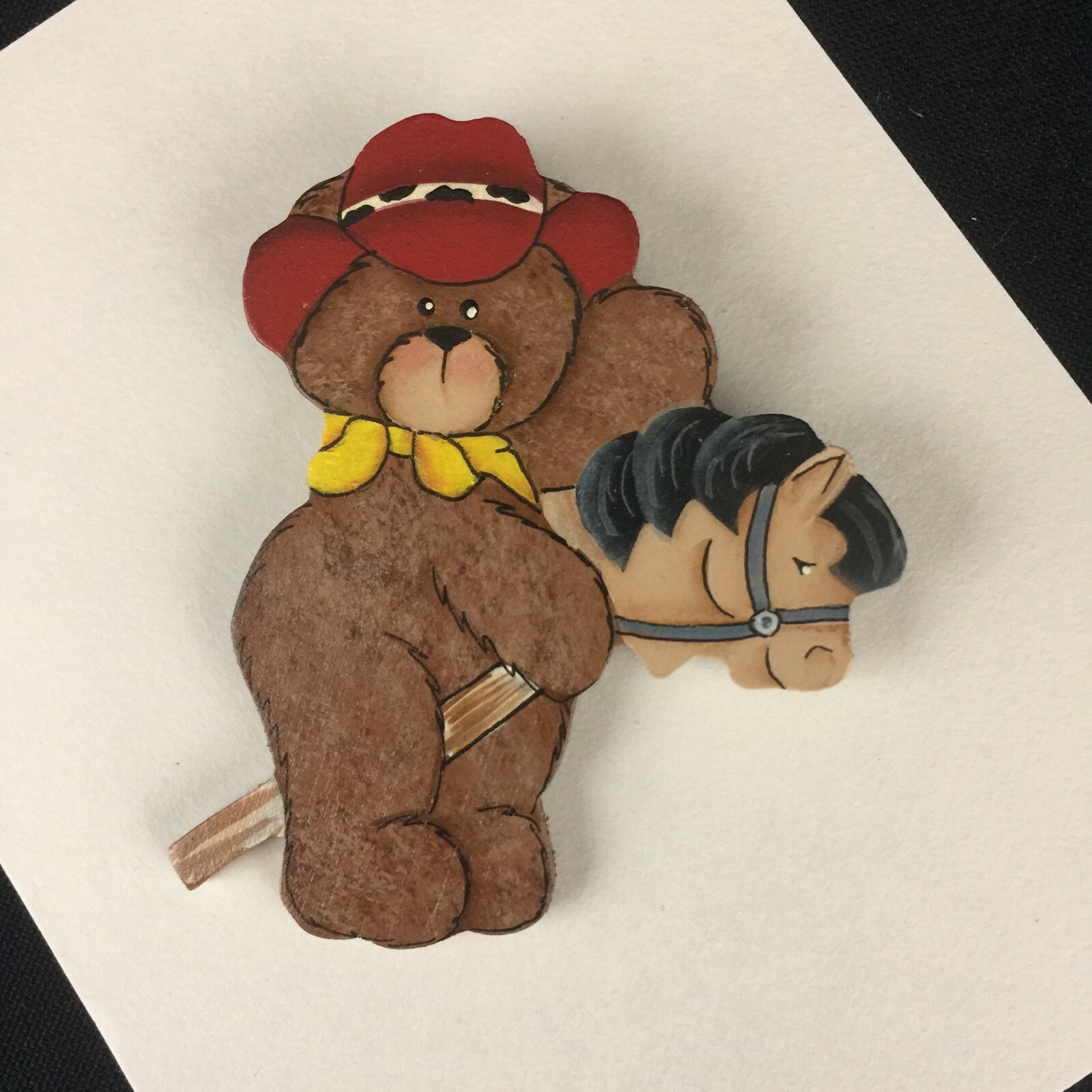 Brooch Cowboy Teddy Bear on Horse Pin Wooden Hand Painted Locking Bar Back VTG B