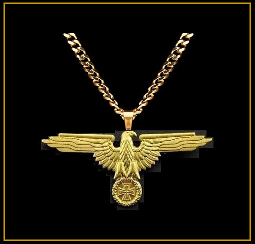 GERMAN EAGLE w/ IRON CROSS Necklace – 2 3/4″ Wide Gold Steel – 24″ Chain